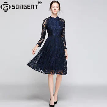

Simgent Women Dress Long Sleeve Knee Length Stand Collar Elegant Hollow Out Lace Dresses Women Clothes Vestdios Jurken SG811191