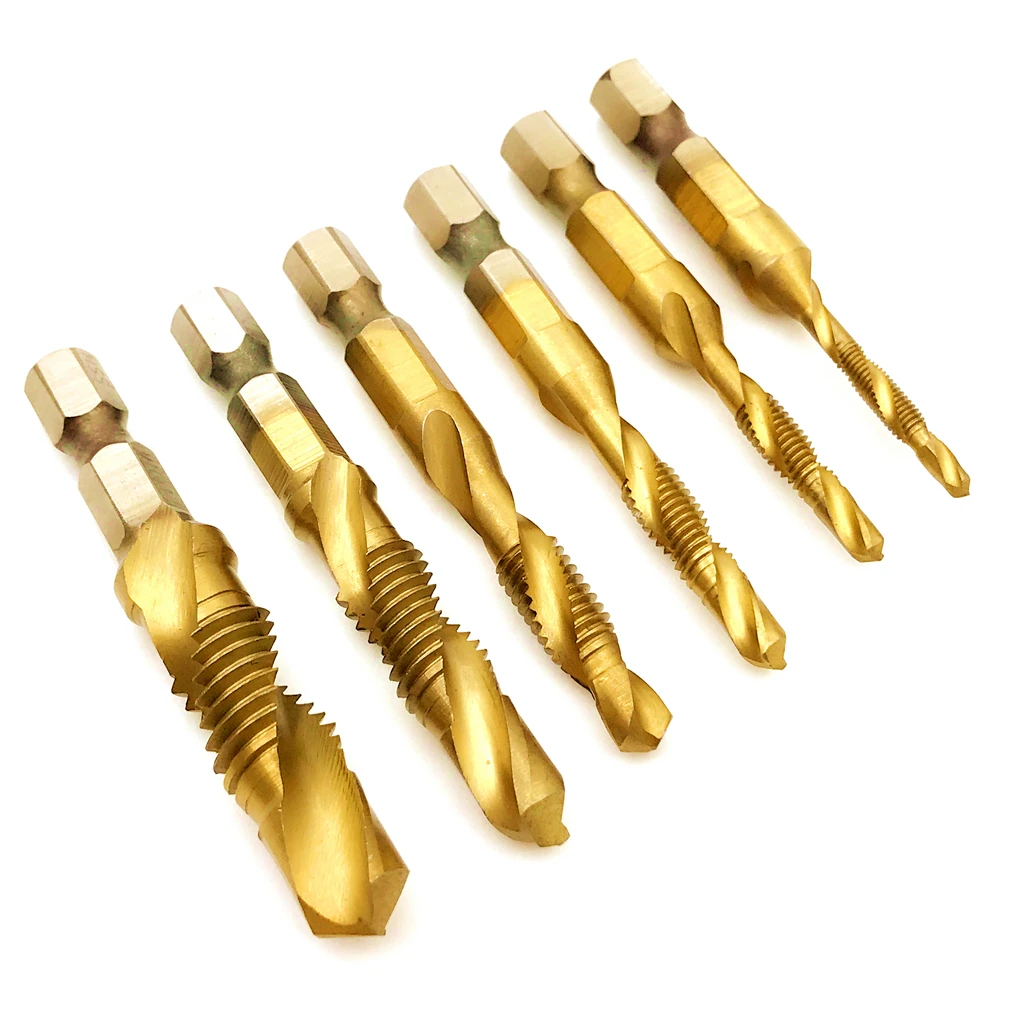 

6pcs/set Metric Thread Screw Taps M3-M10 HSS Drill and Tap Bits 1/4" Hex Shank Titanium Coated Thread Taps Tools Set