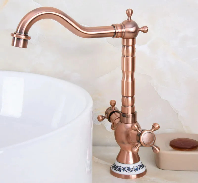 Antique Red Copper Brass Dual Cross Handles Bathroom Kitchen Basin Sink Faucet Mixer Tap Swivel Spout Deck Mounted mnf613