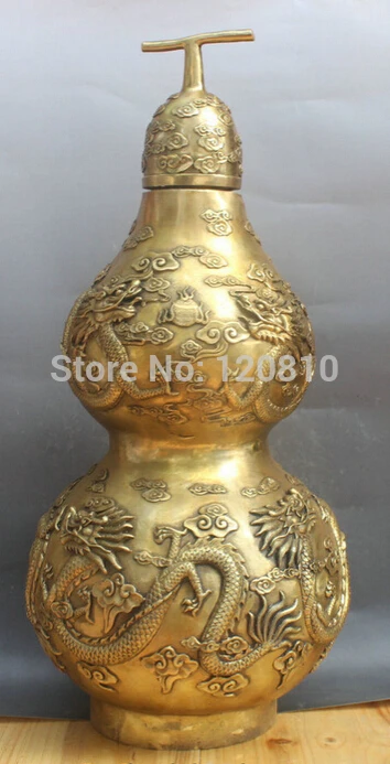 

zhaomerui14++28" Chinese Folk Fengshui Brass Dragon Lagenaria Siceraria Cucurbit Bottle Gourd