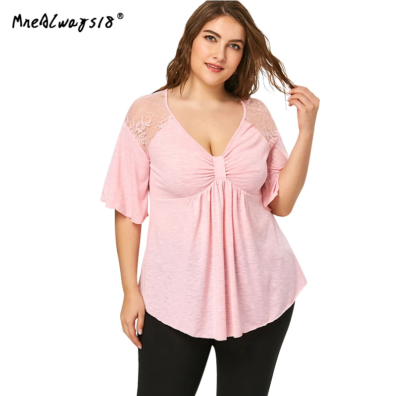 Mnealways18 Womens Plus Size Blouses Pink Frill Blouse Summer Tunics