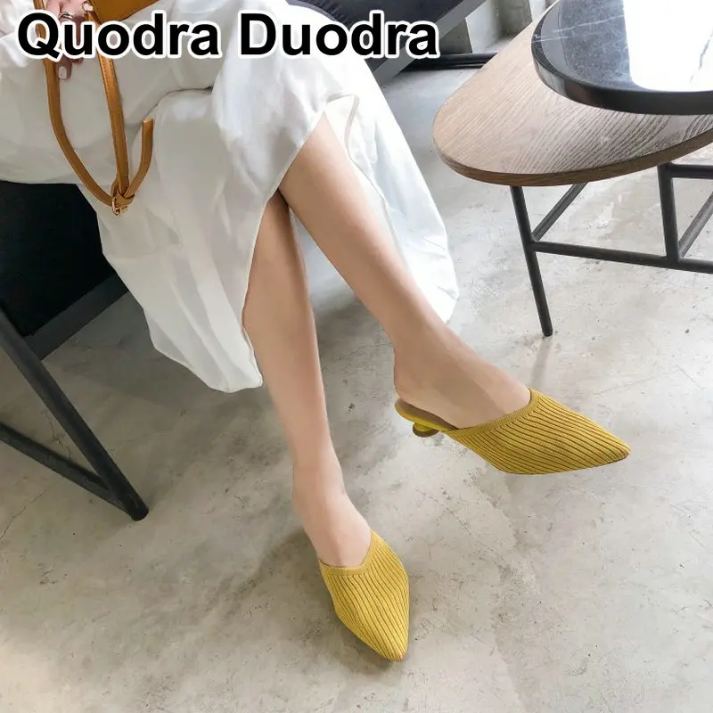 

2019 Autumn Women Slippers Hoof Heels Pointed Toe Weave Mules Yellow Shoes Outside Slip On Shoes Party Casual Shoes Size 34-43