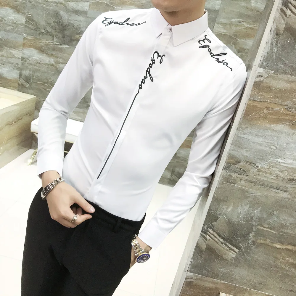 

Top Quality Autumn New Men Shirt Letter Embroidery Slim Fit Tuxedo Shirt Men Long Sleeve Gentlemen Night Club Prom Blouses Homme