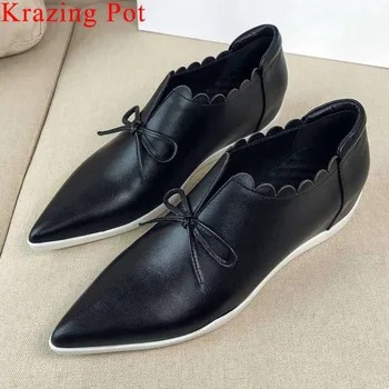 

2019 genuine leather slip on pointed toe lacework bowtie elegant lady med heels party loafers casual wear Vulcanized shoes L18