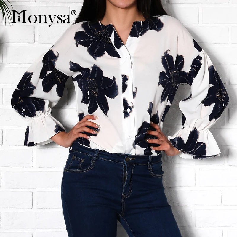 

Floral Print Blouse Shirt Women 2018 Autumn New Fashion V Neck Flare Long Sleeve Shirt Women Casual Loose Blouse Streetwear