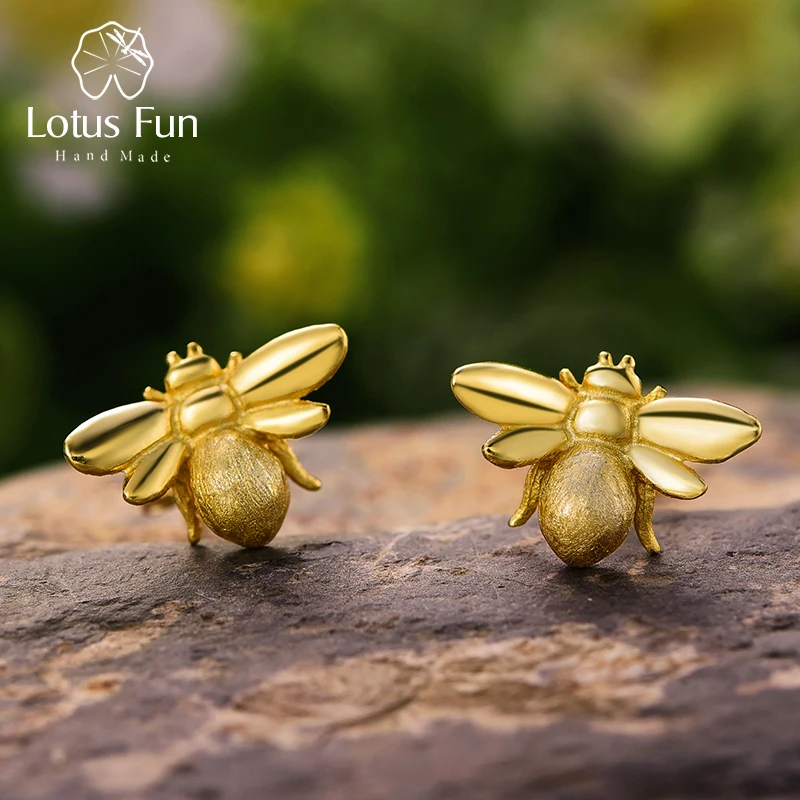 

Lotus Fun Real 925 Sterling Silver Natural Creative Handmade Designer Fine Jewelry Cute Honeybee Stud Earrings for Women Brincos