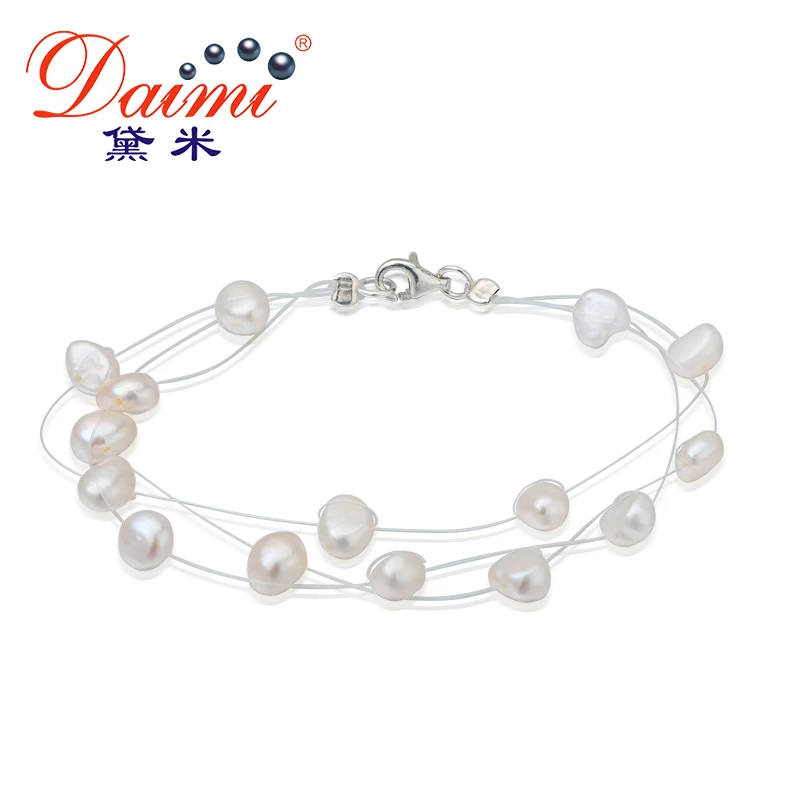 

DAIMI 3 Strand Bracelet about 6mm White Freshwater Pearl Bracelet 925 Silver Bracelet Gift For Women
