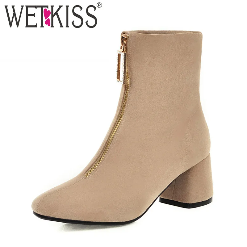 

WETKISS High Heels Boots Women Ankle Boot Flock Shoes Female Zip Crystal Shoes Ladies Square Toe Shoes Winter Plus Size 32-48