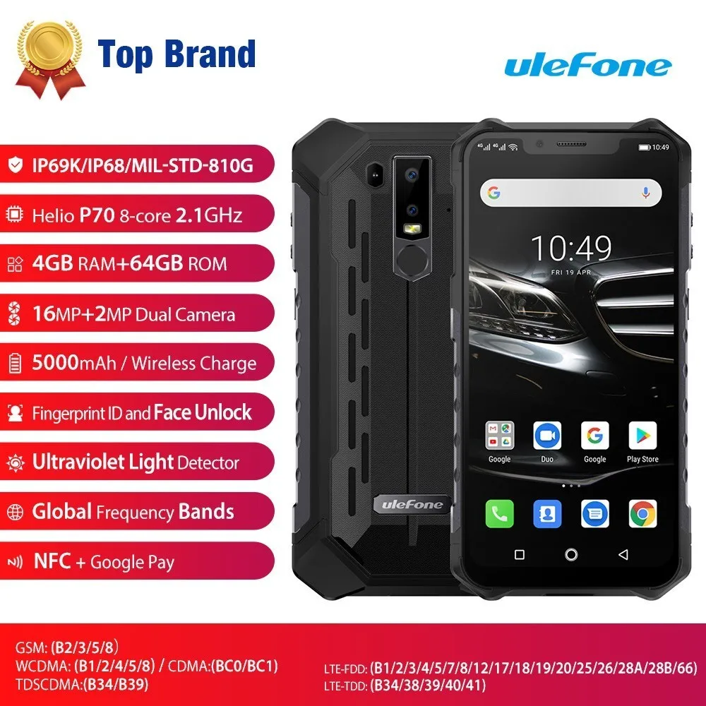 Ulefone Armor 6E IP68 Rugged shockproof Mobile Phone Android 9.0 6.2" 4G+64G cell phone NFC phones Wireless Charge 4G Smartphone