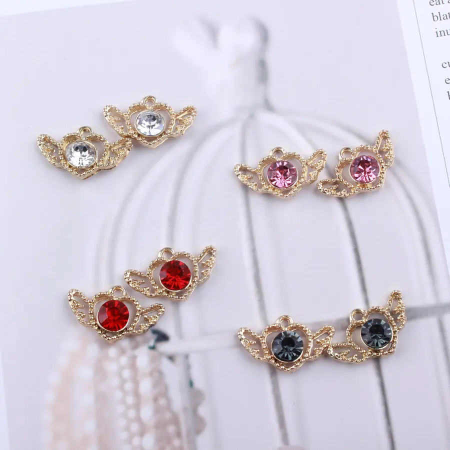 

20PCS/Lot Gold Color Tone Metal Pendants Heart&Wing Shape DIY Charm With Rhinestone Charms For DIY Jewelry Making