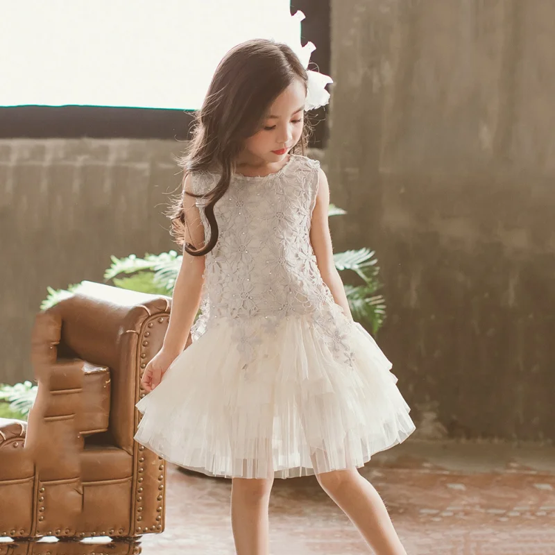 Лето-Осень ; платья для девочек; детская Одежда для танцев; платье принцессы; кружевная детская одежда без рукавов для свадебной вечеринки