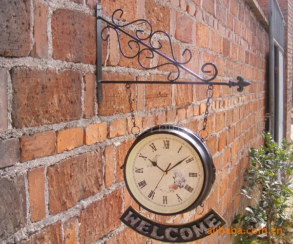 

New Style Handmade Metal Crafts Home Decoration On The Wall Wrought Iron Double Faced Wall Clock Retro Design Vintage Wall Clock