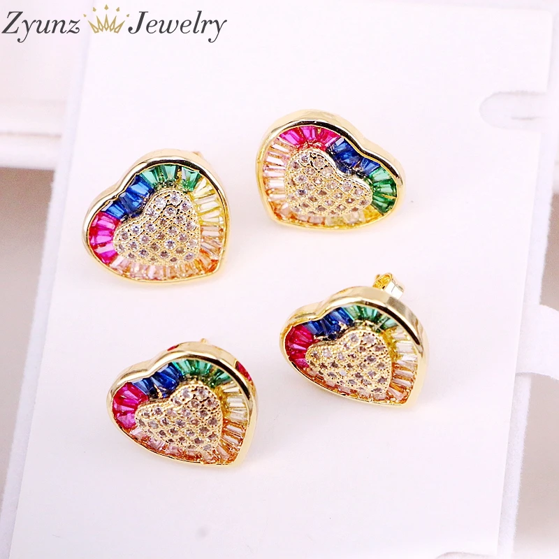 

5Pairs, Gold Filled CZ Micro Pave Rainbow Zirconia Fashion Trendy Earrings Colorful Multi Heart Shape Stud For Women Lady