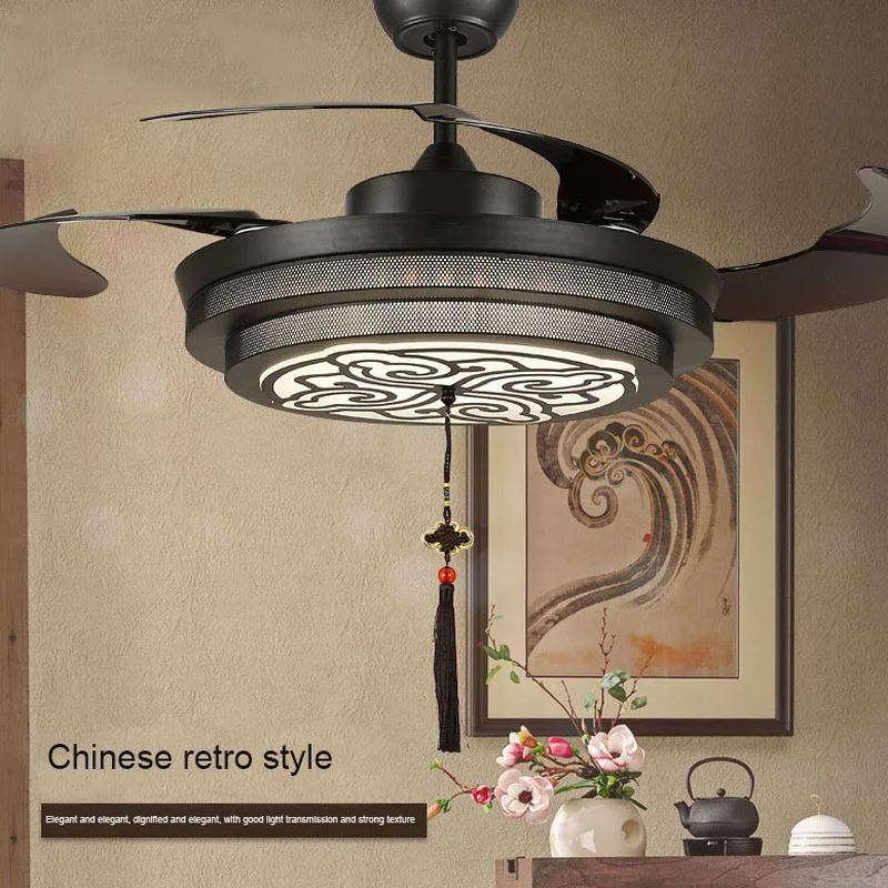 Chinese Retro Invisible Ceiling Fan Light Black Wrought Iron Fan Light Living Frequency Conversion Lamp Electric Fan