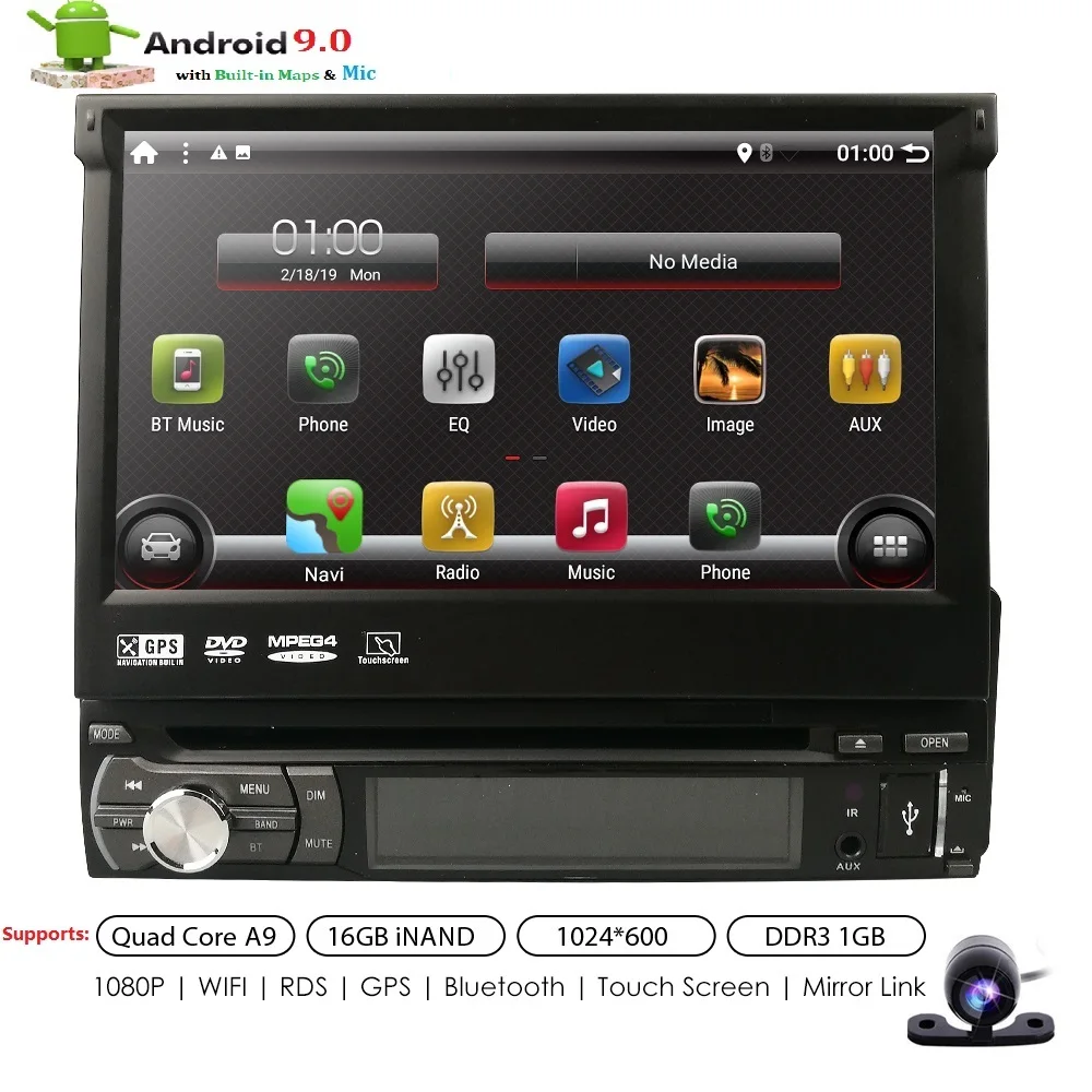 Flash Deal 4G 1G RAM 1 Din Android 9.0 Quad 4 Core Car DVD Player For Universal GPS Navigation Stereo Radio WIFI MP3 Audio USB SWC RDS Cam 0