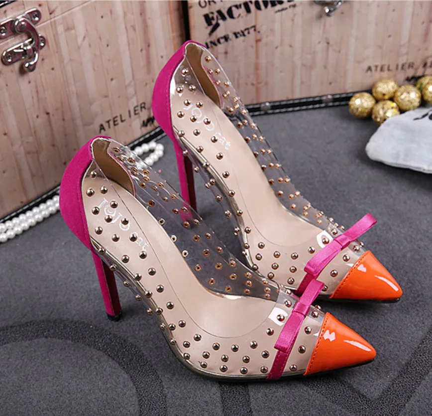 bleu Noir Pointu Cristal Nouveau Bout Pompes Soirée Chaussures Mariage Sexy À Talons Mariée Sandales Robe Femmes Taille La De Rivets orange Plus RxgRw4HB