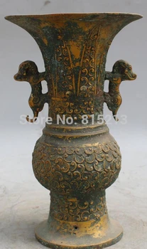 

bi001255 9" Chinese Folk Collection Old Bronze Gilt FengShui Guardian Beast Vase Statue