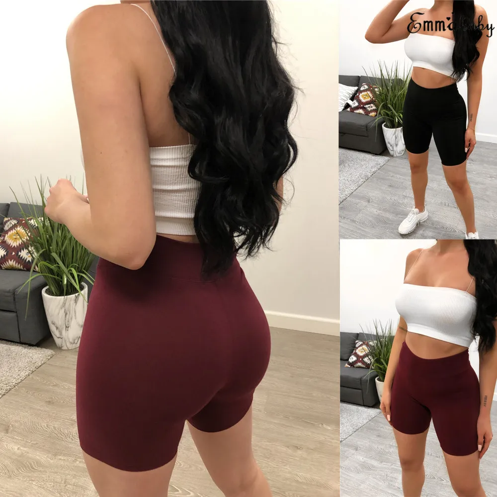 Sexy Women Shorts Summer Solid Color High Waist Skinny Stretch Biker Shorts Fitness Short Trousers Elastic Waist Ladies Trousers
