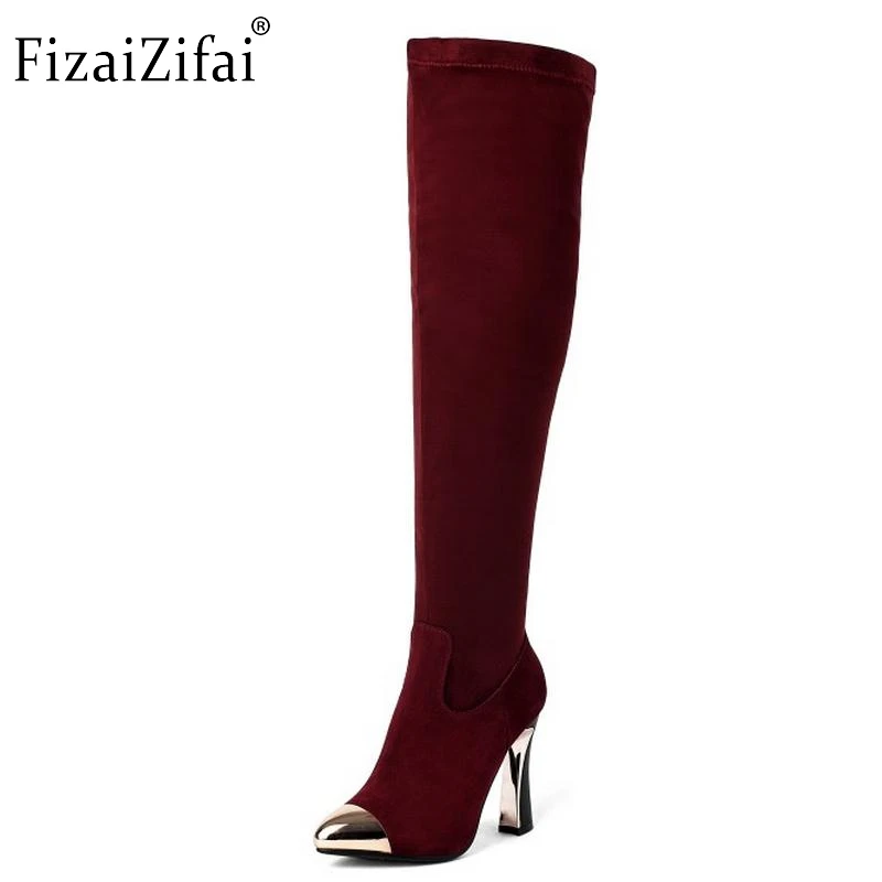 

Women Vintage Boots Genuine Leather Over Knee Boots Sexy High Heel Metal Pointed Toe Botas Winter Zipper Women Shoes Size 34-39