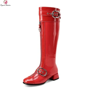 

Original Intention Stylish Women Knee High Boots Real Leather Round Toe Square Heels Boots Black Red Shoes Woman US Size 4-10.5