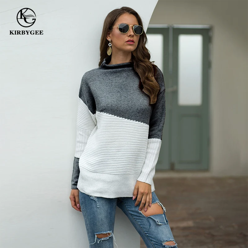 

KirbyGee Autumn Winter Patchwork Colorful Sweater Vintage Woman Turtleneck Plus Size Knitted Pullover Loose Cotton Knit Sweater