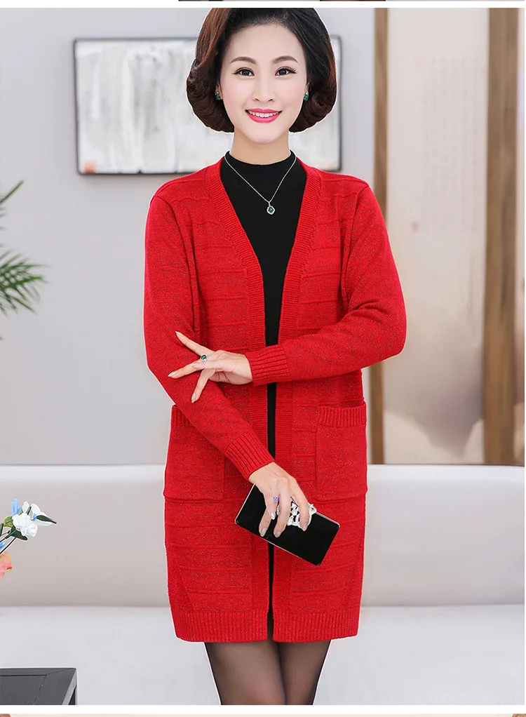 

2018 Autumn Winter New High-Grade Middle-Aged Women Wool Blended Cardigan Sweater Fashion Mama Long Sweater Coat T257