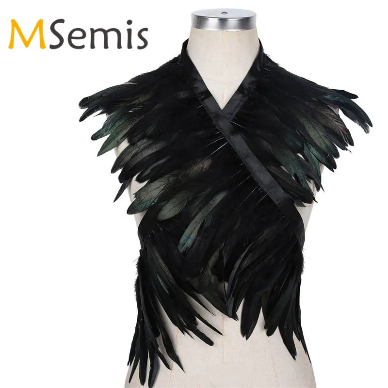 

Natural Feather Cape Detachable collar Iridescent Rooster Hackle Shrug Shoulder Wrap Collar with Ribbon Ties Costumes for Women