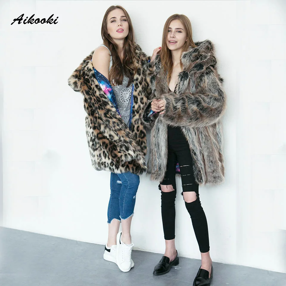 Aikooki Для женщин Повседневное из искусственного меха пальто кошачьи уши леопарда утепленная теплая верхняя одежда искусственный High End шубы