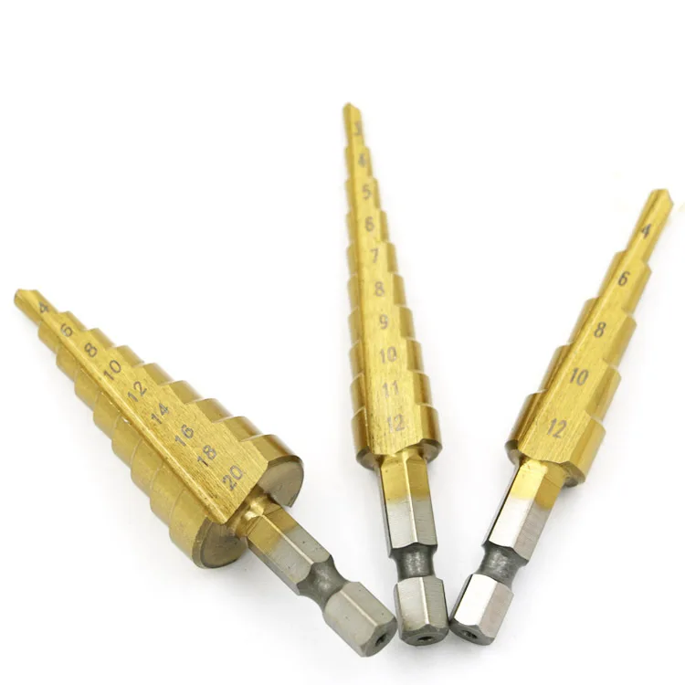 Hss Steel Titanium Step Drill Bits 3-12mm 4-12mm 4-20mm Step Cone Cutting Tools Steel Woodworking Wood Metal Drilling Set Hss Steel Titanium Step Drill Bits 3-12mm 4-12mm 4-20mm Step Cone Cutting Tools Steel Woodworking Wood Metal Drilling Set