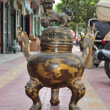 Отмечены Старый Китай Золоченой Бронзы Фэншуй Foo Собака Статуя Льва курильница CenserA
