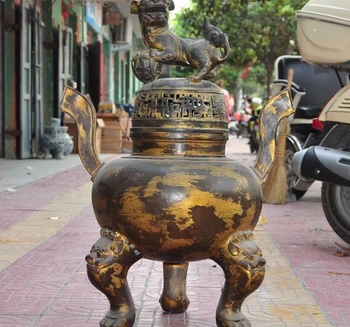 

Marked Old China Fengshui Gilt Bronze Foo Dog Lion Statue Incense burner CenserA