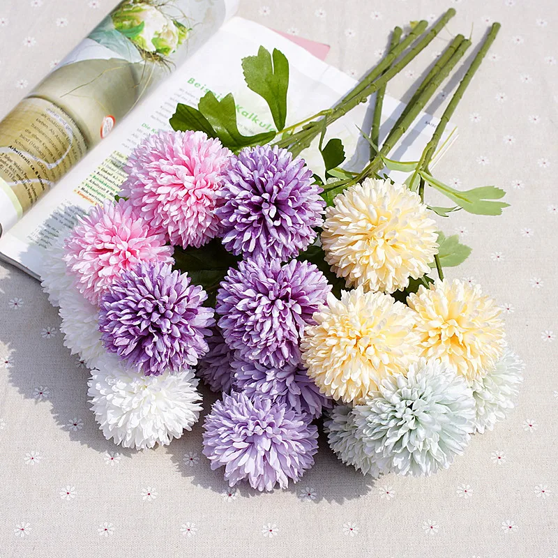 

3 Heads Dandelion Artificial Flower Silk Pompon Chrysanthemum for Wedding Home Decoration Fake Flowers Fabric Flowers