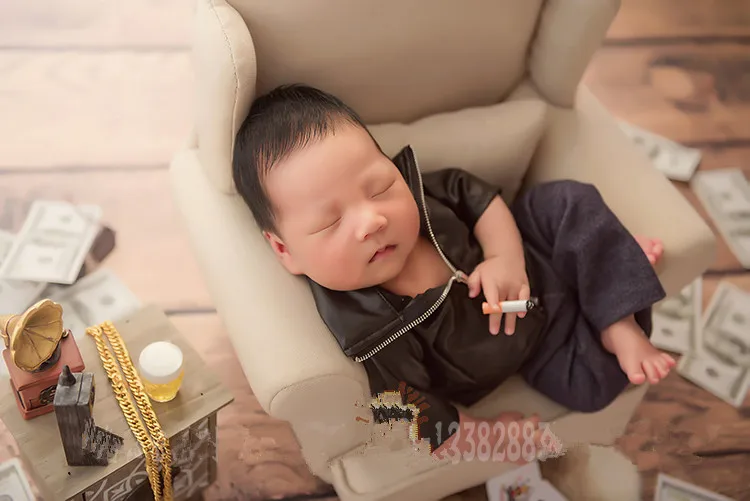 Newborn photography props leather clothing with jeans photo set combination baby creative photography accessories