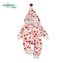2016 Automne 100% Coton Bébé Vêtements Garçons Fille Barboteuse de Bébé Hiver Vêtements À Capuche Salopette Coeur Imprimer Bébé Vêtements