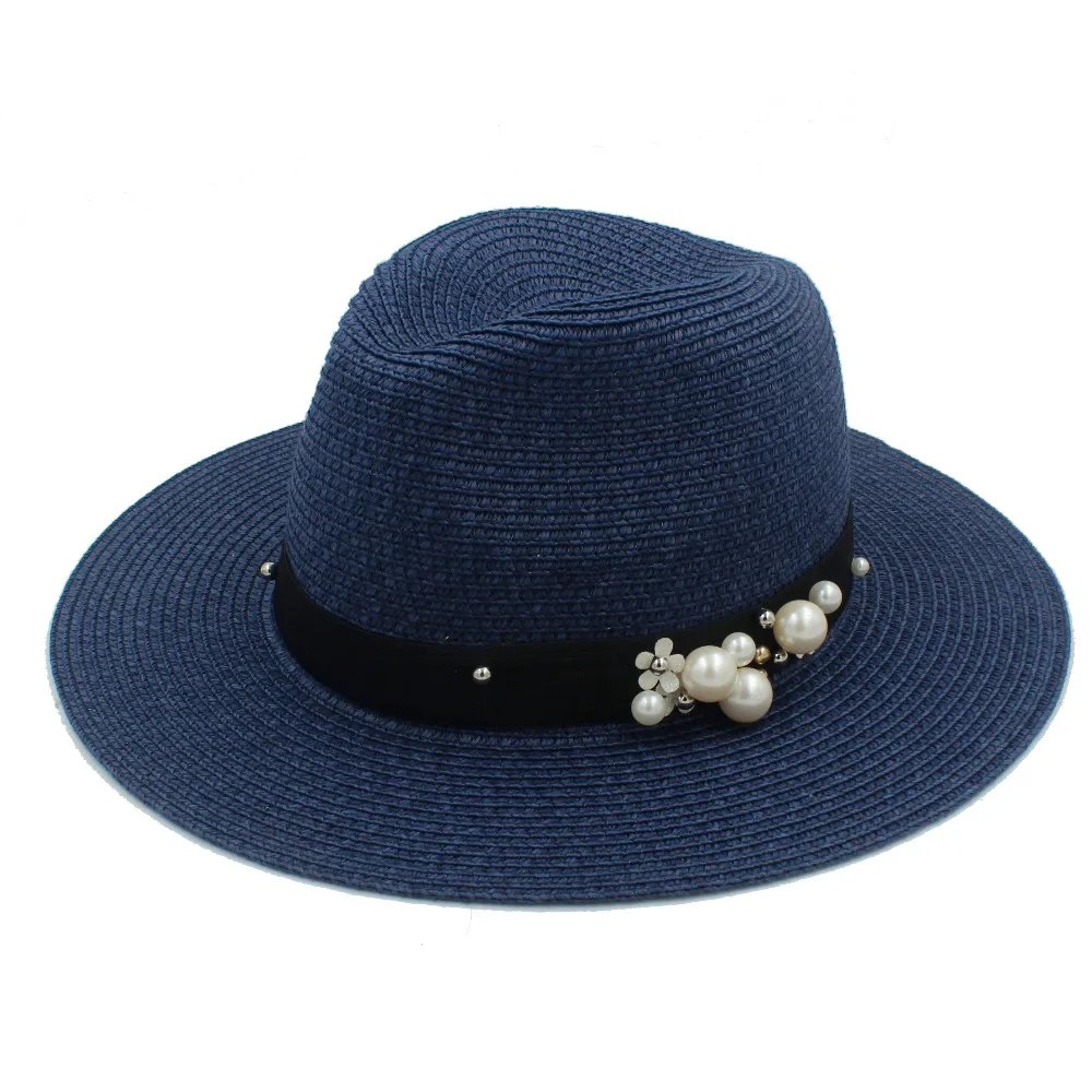 Women Ladies Straw Panama Hat Wide Brim Fedora Summer Beach Sun Hat Beads Ribbon 