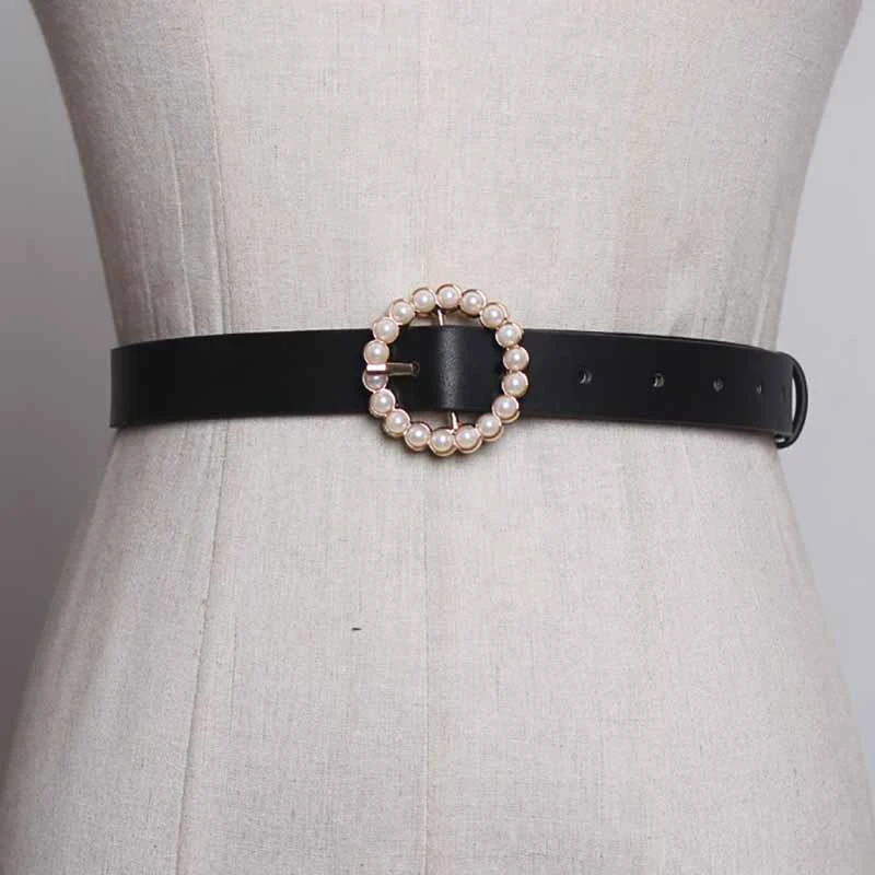 YaLee New Fashion Summer Autumn Simple 5 color artificial pearl Round Pin Buckle Girdle PU Leather Waist Belts Women A833