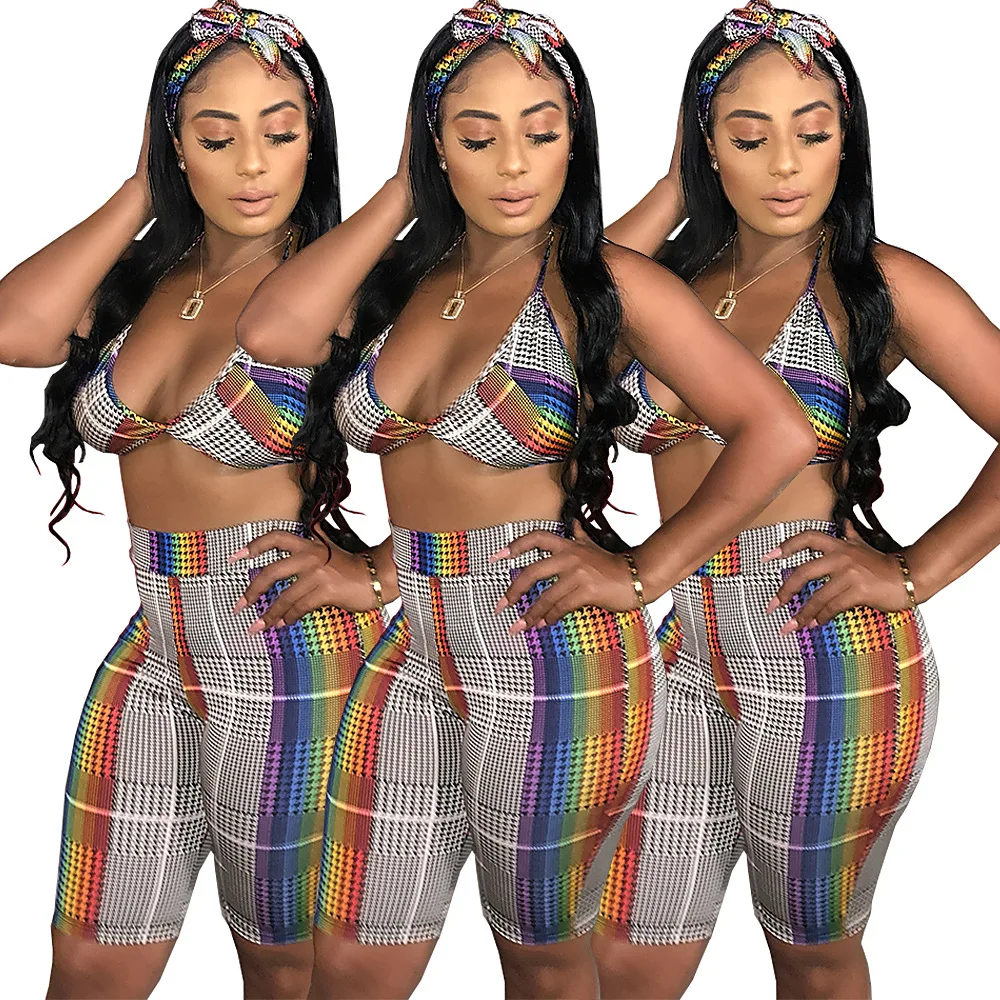 

Women's Top Shorts Bodycon Two Piece Set Outfits Short Sport Jumpsuit Sets Sexy Rainbow Check Printed