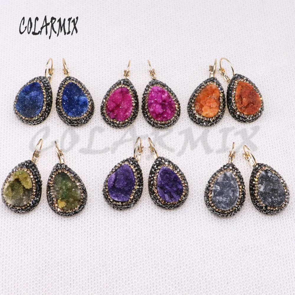 

6 Pairs Wholesale Mix color Geode stone pave rhinestone golden color plated natural druzy stone stud earrings gift for lady3939