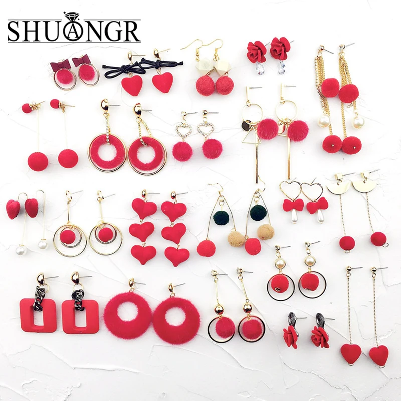 

SHUANGR Red Pompon Ball Drop Earrings Set For Women Girl Circle Star Fluffy Fur Ball Bowknot Earrings Jewelry Boucle D'oreille