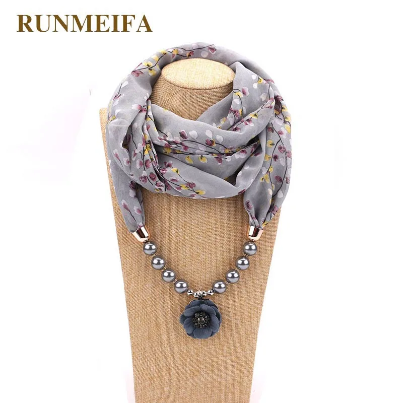 

RUNMEIFA Women Elegant Accessories Silk Scarf Print Chiffon Necklace With Floral Pendant Head Scarves Female Muslim Hijab Scarf