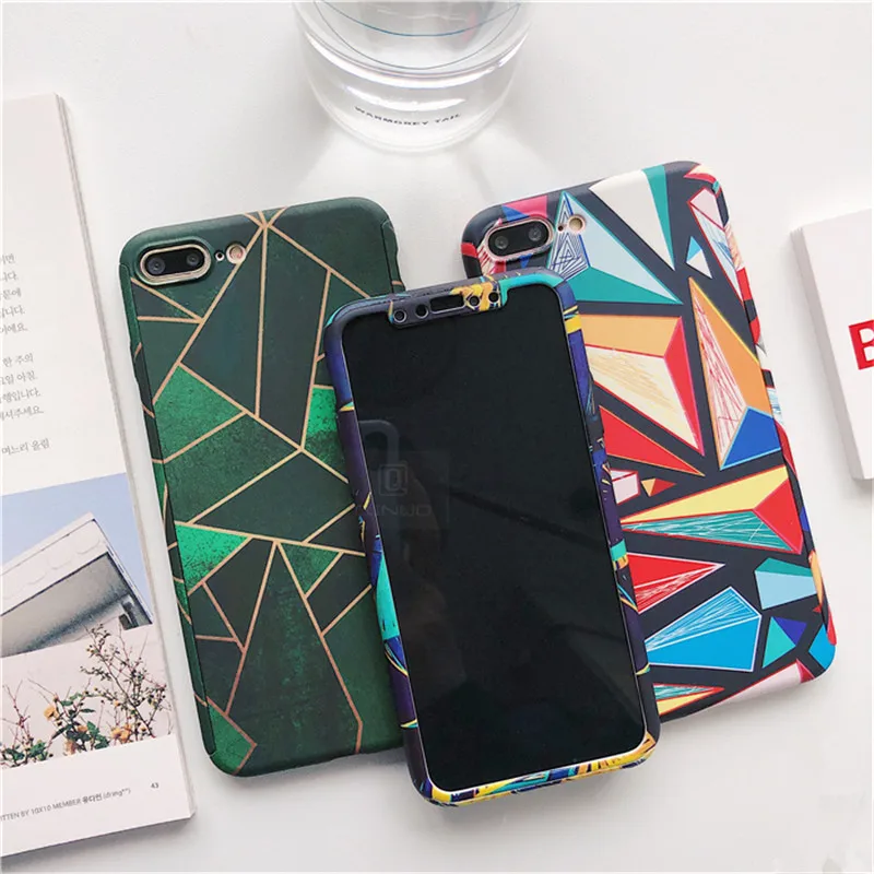 

Fashion Tide Geometry 360 Full Protective Phone Case + Tempered Glass For iphone 5 5s SE 6 s 7 8 Plus X XS XR MAX Hard Cover