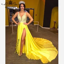 Великолепный золотой желтые платья на выпускной для Для женщин хрустальные бусины глубоким вырезом сбоку Разделение длинные Часовня Поезд Вечернее платье