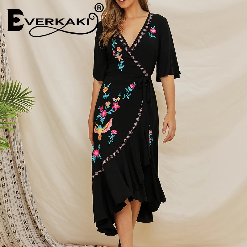 Everkaki черное Бохо длинное праздничное женское платье 2019 Подиум хлопок вышивка