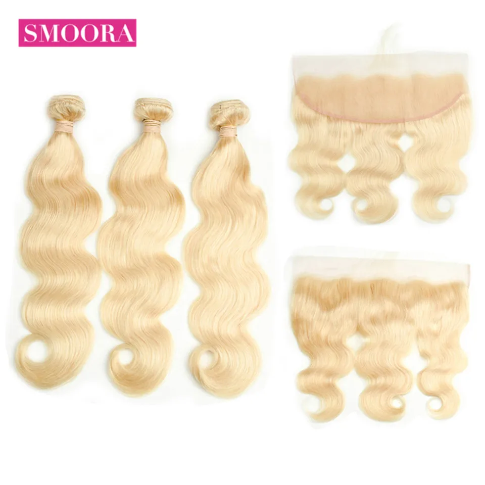 

Smoora Brazilian 613 Bundles with Frontal Body Wave Remy Human Hair Blonde Bundles with Pre Plucked Frontal Ear to Ear Free Part