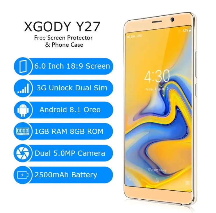 Флэш продажи XGODY Y27 6 0 дюйма 18:9 Экран Android 8 1 MTK6580 4 ядра GB + 5MP двойной назад Камера gps