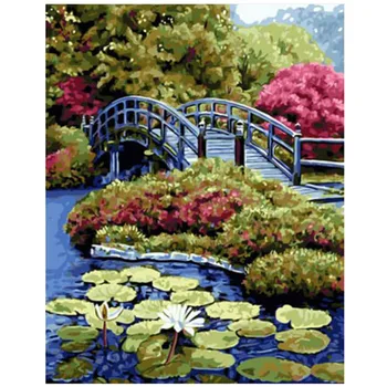 

RIHE Small Bridge Lotus-Painting By Numberskit for adults, Frameless Pictures, Handpainted On Canvas DIY Oil Paint By Numbers
