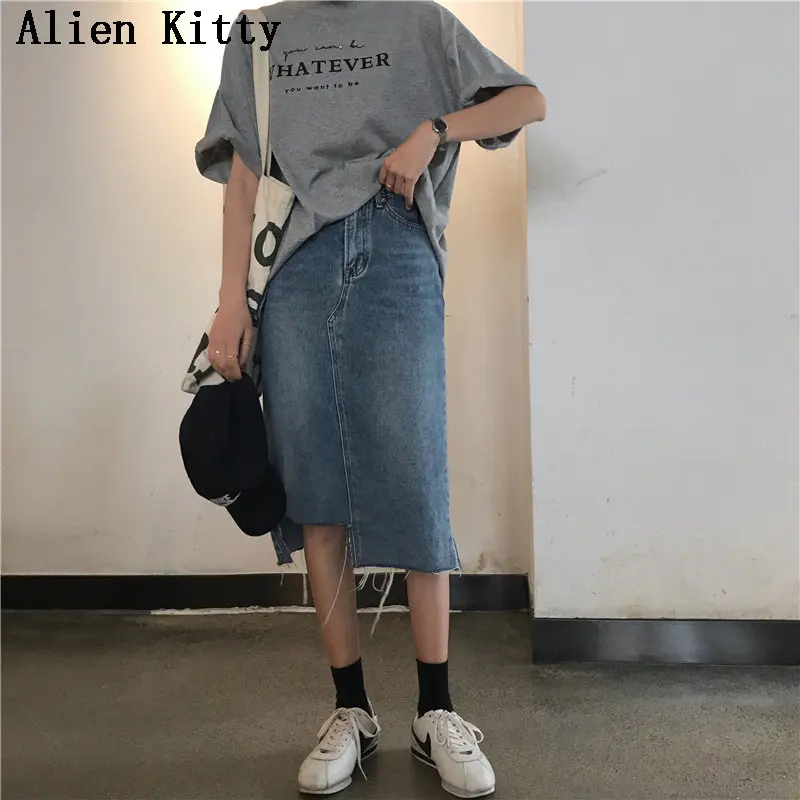 

Alien Kitty Women Spring Summer Irregular New Korea Fashion Elastic High Waist Sweet A-Line Solid Free All-Match Mid Calf Skirt