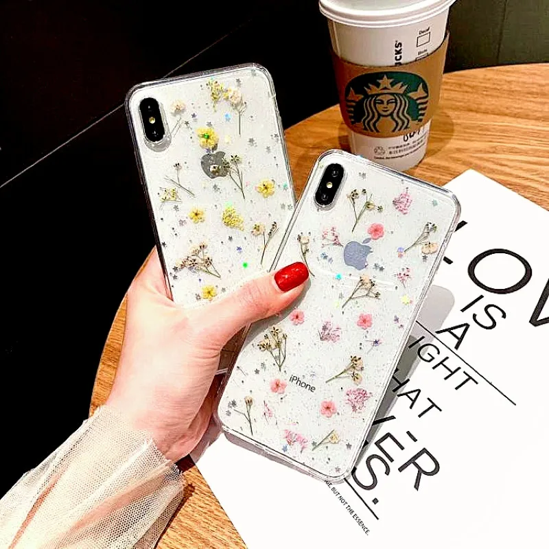 

Dried Real Flower Handmade Clear Pressed Phone Case For iphone case 6 7 8 plus X XR Max Real Flowers Transparent Soft TPU Cover