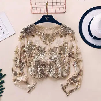

2018 new fashion women tee ladies elegant embroidered beaded sexy long-sleeved perspective luxury fashion t-shirt