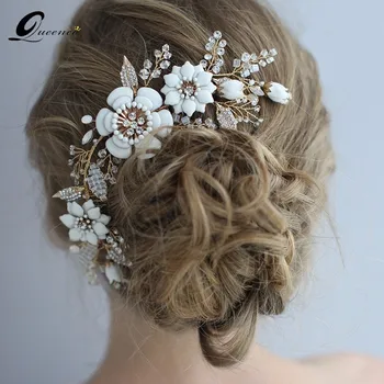 

Elegant White Flower Wedding Hair Jewelry Crystal Headpiece Luxury Women Headpiece Golden color Leaf Fashion Hair Comb